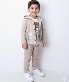 Resim Bontino Erkek Çocuk %100 Pamuk Kadife Hırka, Pantolon ve Ayıcık Baskılı Uzun Kollu Sweatli 3'lü Premium Seri 