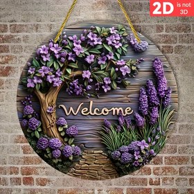 Resim Çekirdek lavanta temalı 2D düz ahşap hoş geldiniz tabelası, çapı 20.32 cm, ev ve çiftlik dekorasyonu için uygun kapı ve duvar süsü 