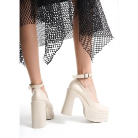 Resim Asmi Shoes Kadın Della Bilekten Bağlamalı (12CM) Platform Topuklu Ayakkabı Krem 