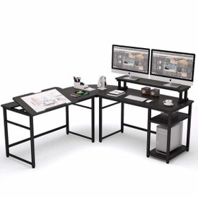 Resim Zizuva 180+180x60x75 CM L Köşe Monitör Raflı Ceviz Çizim ve Çalışma Masası 