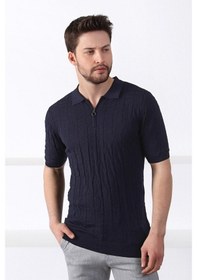 Resim Ferraro Lacivert Polo Yaka Fermuarlı Erkek Pamuk Triko T-Shirt-Lacivert (490417803) Lacivert 