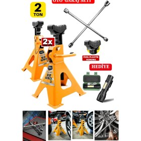 Resim Deko Turkey 2000KG Kapasiteli 4 Ayaklı Kriko Standı 2x Çift Kriko Sehpası Araç Kriko + 4'lü Bijon El Feneri 