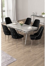 Resim Canisa Vae Serisi 90x160 Lak Panel Beyaz Mermer Desen Krom Ayak Masa Takımı 6 Siyah Sandalye Beyaz Mermer Desen Masa Sandalyeler Siyah 