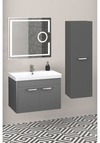 Resim Mauna 80 Cm Banyo Dolabi Mercekli Led Ayna - Antrasit (Boy Dolap Dahil) Çok Renkli 