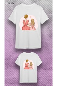 Resim VİZYON İKRA Beyaz Pamuklu Anne Kız Çocuk Yan Yana Pembe Baskılı Kombin T-shirt (ADET FİYATIDIR) 