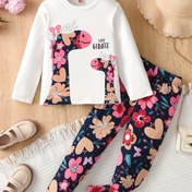 Resim Genç Kız Zürafa ve Çiçek Desenli Uzun Kollu Tişört ve Pantolon Takımı, Çocuklar İçin İlkbahar/Sonbahar Günlük 2 Parça Kıyafet Seti, Dış Mekan Kullanımına Uygun 