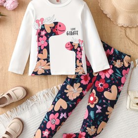 Resim Genç Kız Zürafa ve Çiçek Desenli Uzun Kollu Tişört ve Pantolon Takımı, Çocuklar İçin İlkbahar/Sonbahar Günlük 2 Parça Kıyafet Seti, Dış Mekan Kullanımına Uygun 