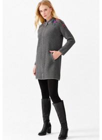 Resim Desen Triko Kadın Dik Yaka Omuzu Nakış İşlemeli Uzun Hırka 024220 Füme 