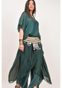 Resim Asimetrik Kapaklı Ipek Şalvar Pantolon - Yarasakolllu İpek Bluz Takım Zümrüt Yeşili 