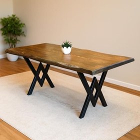 Resim Doğal Ağaç Masif Kütük Masa 90cm x 120cm (Metal Ayak) 