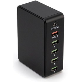 Resim 818pd Qc3.0 Pd 20w Hızlı Şarj İstasyonu 5 Usb + 1 Tip-c Telefon Tablet Masaüstü Şarj Cihazı Siyah 