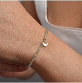 Resim 14 Ayar Altın Kaplama Doğal Yeşil Florit Taşlı 2.5 Mm Faset Kesim Ay Detaylı Gümüş Bileklik 