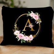 Resim 1 adet Şık Siyah Polyester Çiçekli Harfli Kozmetik Çantası Altın Fermuarlı - Seyahat için Hafif, Yeniden Kullanılabilir Makyaj Organizatörü, Evden Gelen Hediyeler, Kız Kardeşler İçin Hediyeler veya Doğum Günü Hediyeleri, Makyaj Çantası 