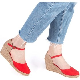 Resim Gerçek Elişi Hasır Dolgu Topuk Keten Hasır Kadın Espadril Handmade Kırmızı 