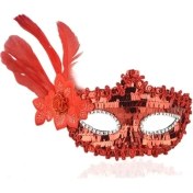 Resim Kırmızı Payetli Pullu Tüylü Parti Maskesi 