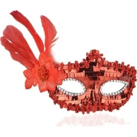 Resim Kırmızı Payetli Pullu Tüylü Parti Maskesi 