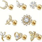 Resim Çok Yönlü Paslanmaz Çelik Kıkırdak Küpe - Düz Arka, İçten Dişli ve Parıldayan Kübik Zirkonya - Ay, Kalp, Arı & Kelebek Tasarımları Tragus & Helix Piercing'ler için - Her Durum İçin Mükemmel Hediye, Kadınlar Erkekler, Takı 