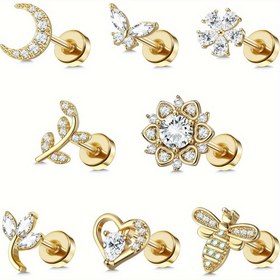 Resim Çok Yönlü Paslanmaz Çelik Kıkırdak Küpe - Düz Arka, İçten Dişli ve Parıldayan Kübik Zirkonya - Ay, Kalp, Arı & Kelebek Tasarımları Tragus & Helix Piercing'ler için - Her Durum İçin Mükemmel Hediye, Kadınlar Erkekler, Takı 