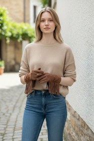 Resim LOVE Püsküllü Kovboy Camel Süet Kadın Eldiven-Telefon ile kullanılabilir 
