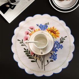 Resim 1 adet/2 adet/4 adet, Yuvarlak Nakışlı Masa Matı, Taze Pastoral Ayçiçeği Deseni, Kaymaz ve Dayanıklı Yıkanabilir Polyester Malzeme Masa Matı, Şık Masa Dekorasyonu Temel, Parlak Festival/Şükran Günü/Anneler Günü Hediyesi 