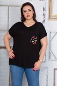 Resim Şans Kadın Büyük Beden Siyah Cebi Yazma Desen Tül Detaylı Düşük Kol Viskon Bluz 65n22702 