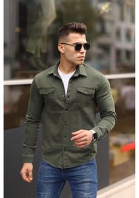 Resim Haki Renk Çıt Çıt Düğmeli Çift Cep Kot Gömlek Haki Yeşil 