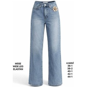 Resim Miss Poem Kadın Açık Mavi Yüksek Bel Çiçek Aksesuarlı Wide Leg Jean Pantolon 