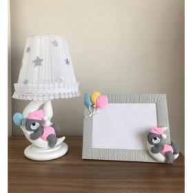 Resim Bebek Çocuk Odası Abajur ve Çerçeve Ay Ayıcık Pembe Sarı Mavi Gri Balonlu 