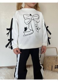 Resim Cg Kids Fiyonk Kol Detaylı Ve Baskılı Kız Çocuk İspanyol Paça 2 İplik Alt Üst Eşofman Takım Siyah 