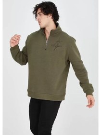 Resim Erkek Yarım Fermuarlı Baskılı Sweat - Yeşil renkli Çok Renkli 