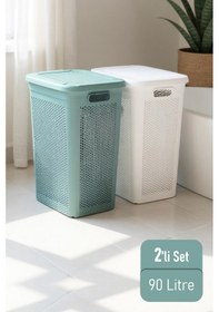 Resim İronika Slim İki Bölmeli Kapaklı Dekoratif Kirli Çamaşır Sepeti 90 Litre Yeşil - Beyaz Yeşil 