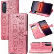 Resim Yihang Boutique Durumda Sony Xperia 5 Iı Flip Cüzdan Kabartmalı Kapak Etui Housse Kedi Köpek Desen - Pembe (Yurt Dışından) 