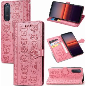 Resim Yihang Boutique Durumda Sony Xperia 5 Iı Flip Cüzdan Kabartmalı Kapak Etui Housse Kedi Köpek Desen - Pembe (Yurt Dışından) 