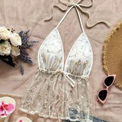 Resim Kadınların seksi derin V-yaka halter üstü, file desenli ve bağcıklı detaylı - Esnek polyester karışımı, tüm mevsimler için rahat veya akşam giyim için moda aksesuarı 