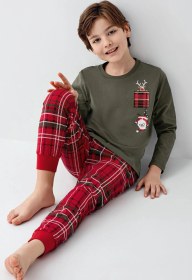 Resim Arnetta Erkek Çocuk Aile %100 Pamuk 4 Mevsim New Year Uzun Kollu Pijama Takım Yeşil 