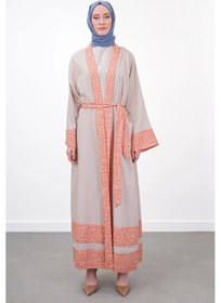 Resim Pureva Garni Detaylı Kuşaklı Keten İkili Kimono - Bej/oranj Çok Renkli 