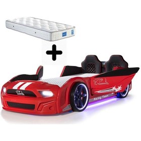 Resim Kırmızı Arabalı Yatak Kapıları Açılan Mustang Full Ledli Kumandalı Ve Müzikli + Ortopedik Yatak 