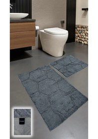 Resim Göksu Pamuklu Banyo Paspası Takımı 2 Li Dokuma Tabanlı, Yumuşak Dokulu Tasarım Koyu Gri 