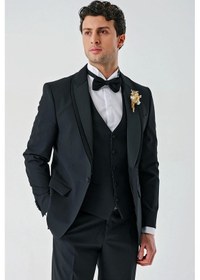 Resim İmza Siyah Çıkarılabilir Şal Yaka Yelekli Likralı 6 Drop Slim Fit Smokin Damatlık 1001240203-Siyah 