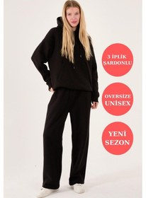 Resim X-1001 X-4008 Kapüşonlu Swaet Bel Lastikli Panton Üç İplik Şardonlu Takım Siyah 