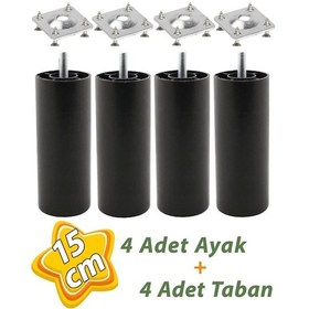 Resim 4 Adet Destek Ayağı 15 Cm Siyah Ve 4 Adet Düz Ayak Tabanı M8 Civatalı İnce Diş Mobilya Kanepe Baza Seti 