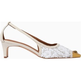 Resim Kurt Geiger Regent 55 Low Open Court Mules, Parıltılı Siyah File Ve Antik Pirinç Babet Beyaz 