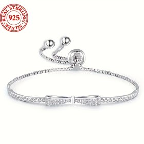 Resim 1 adet Vintage Stil 925 Ayar Gümüş Bileklik Kadınlar için, Ayarlanabilir Fiyonk Charm, Taşlı, Günlük Takı, Her Mevsim Aksesuar 