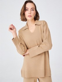 Resim Peraluna Polo V Yaka Bol Kesim Kadın Triko Kazak Camel Melanj Camel 