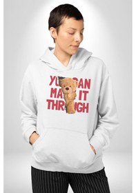 Resim Bunu Alabilirsin Çantadan Çıkan Ayı Kadın Erkek Beyaz Kapüşonlu Sweatshirt Hoodie Beyaz 