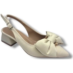 Resim C-shoes Mr151-26 Saten Tokalı Fiyonk Kısa Kare Topuk Arkası Açık Kadın Ayakkabı Krem 