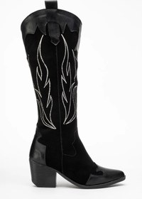 Resim MAUDAS Noriel Siyah Süet Nakış Detaylı Kısa Topuklu Western Kadın Çizme 