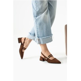 Resim Duxal Shoes Yolanda Kadın Kahverengi Süet Çift Toka Detaylı Kısa Topuklu Ayakkabı- Babet Kahverengi 