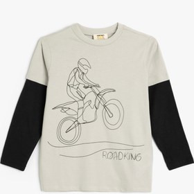 Resim Erkek Çocuk Tişört Motosiklet Baskılı Uzun Kollu Bisiklet Yaka Pamuklu 