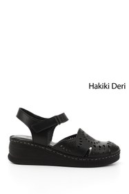 Resim Gönderi(r) Kadın Siyah Cırt Bantlı Hakiki Deri Dolgu Tabanlı Sandalet 